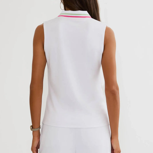 A woman shown from the back wearing a sleeveless white polo shirt with a striped collar in pink, green, and white, paired with matching white bottoms against a plain white background.