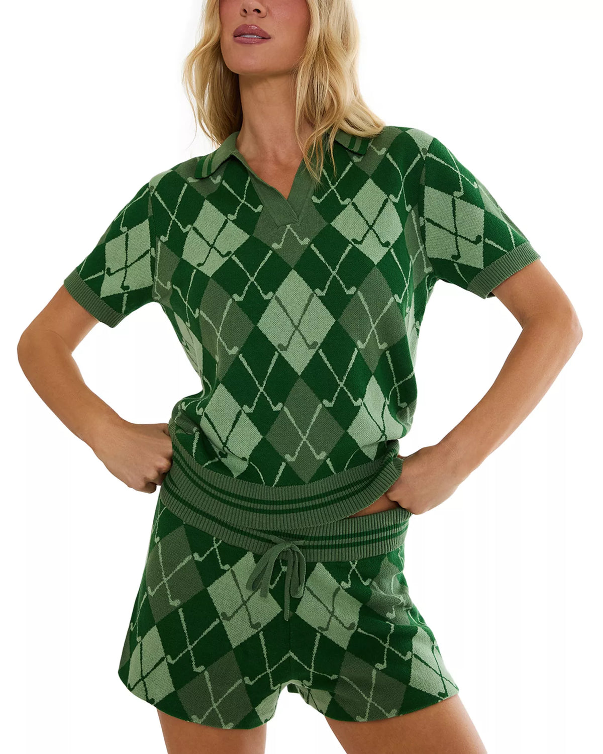 Beach Riot Giana Short Sleeve Sweater - Golf Club Argyle