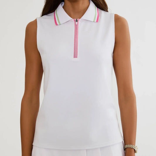 A sleeveless white polo top with a pink half-zip collar, featuring thin pink, green, and white striped accents on the collar, worn by a model.