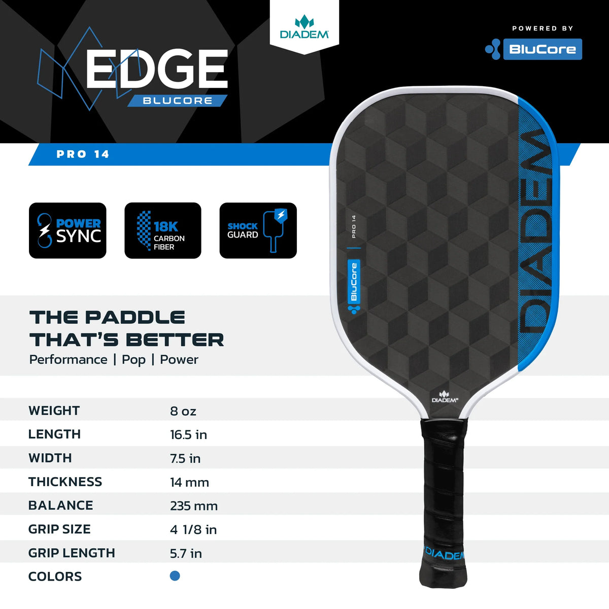 Diadem Edge BluCore Pro 14mm Pickleball Paddle