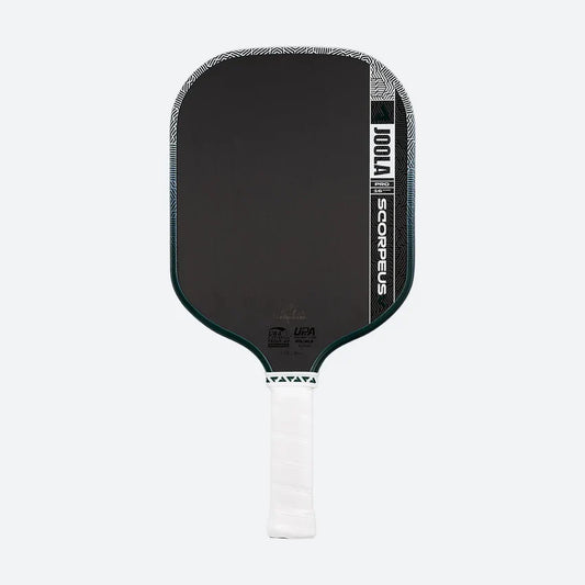 Black Joola pickleball paddle with white handle on a white background