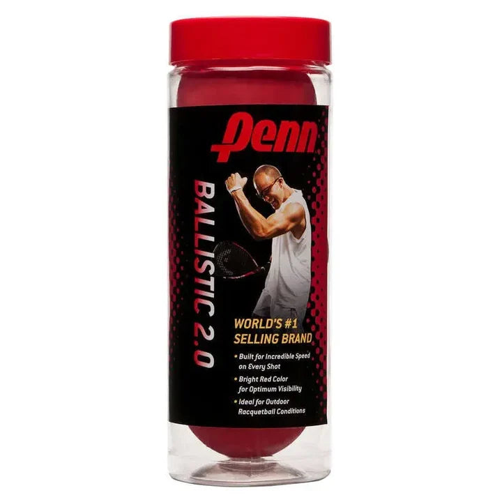 A clear plastic jar of Penn Ballistic 2.0 table tennis balls with a bright red lid and a black label featuring the red 'Penn' logo and a photo of a player.