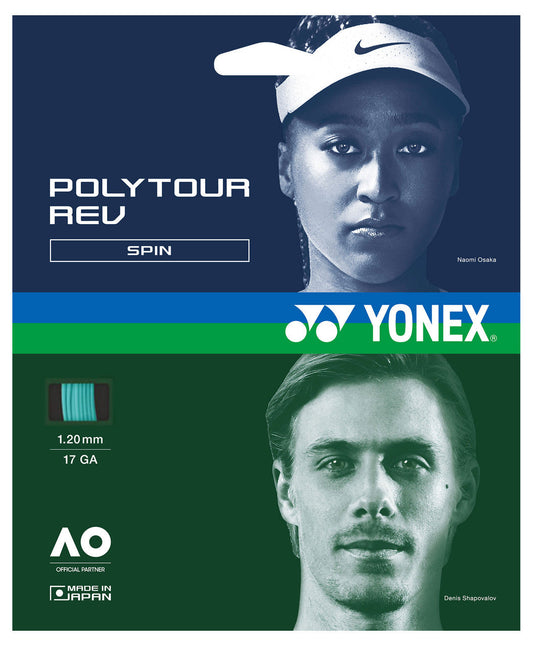 Yonex poly tour rev tennis string packaging with images of a woman and a man, featuring the brand logo and product details.